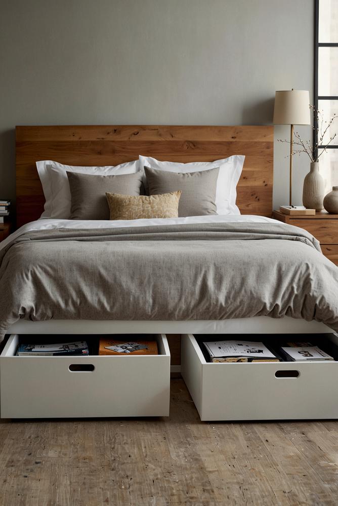 Helles Schlafzimmer mit Unterbettboxen für Stauraum