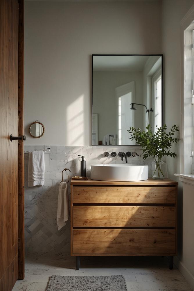 Modernes Bad mit hellem Unterschrank und Auszügen