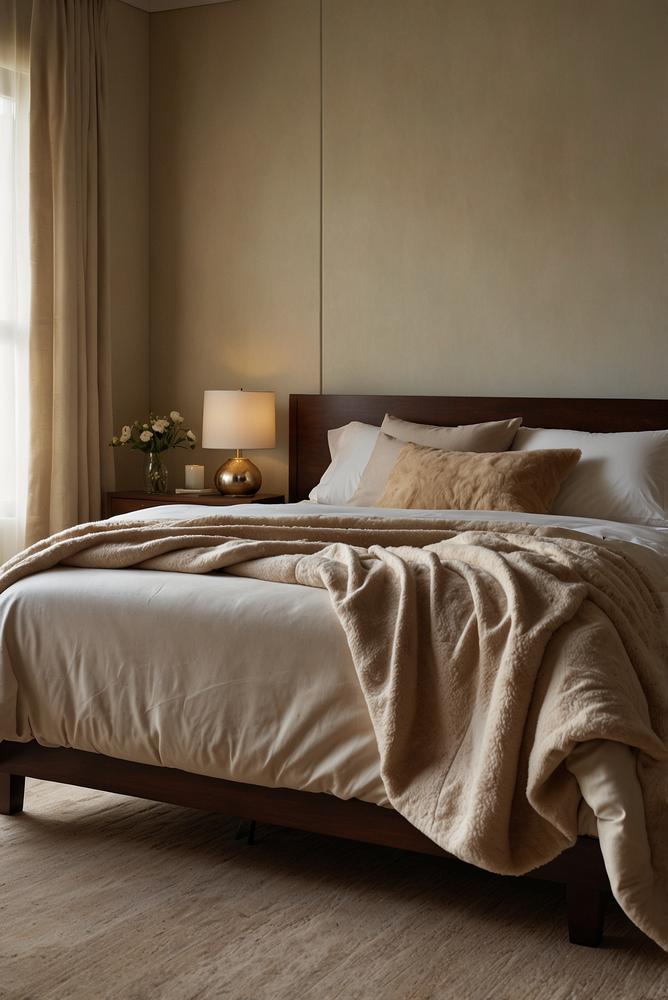 Schlafzimmer mit cremefarbenem Lederkopfteil und Kaschmirdecke