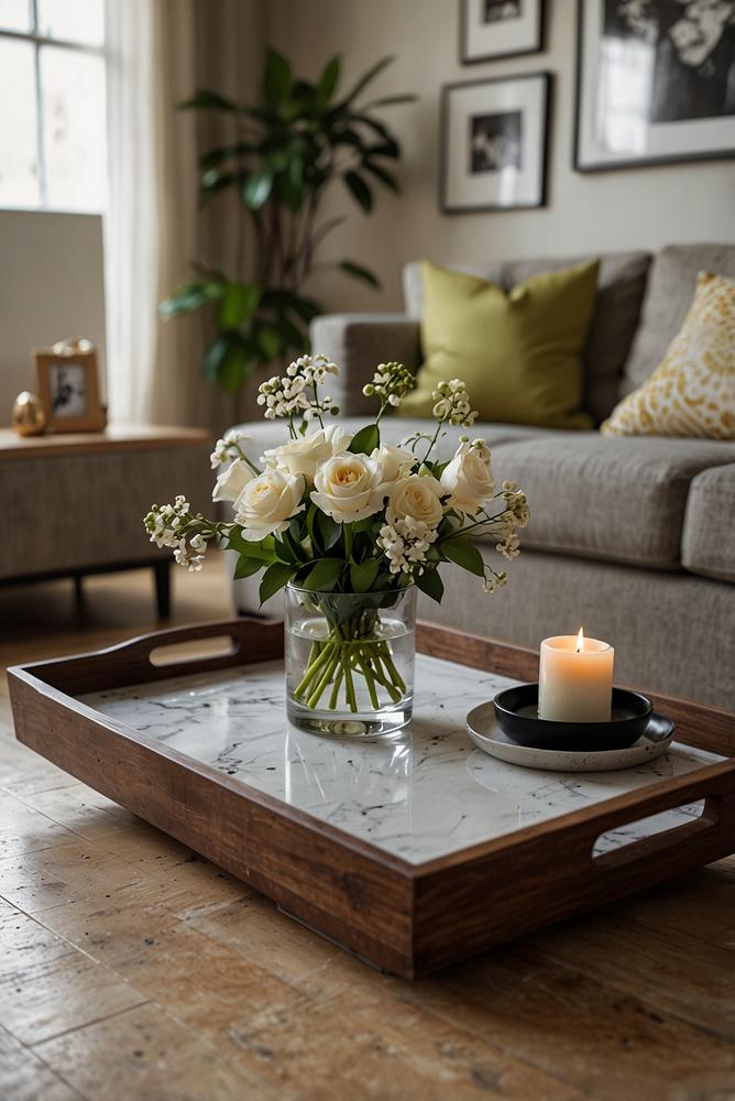 Helles modernes Wohnzimmer mit dekorativem Tablett