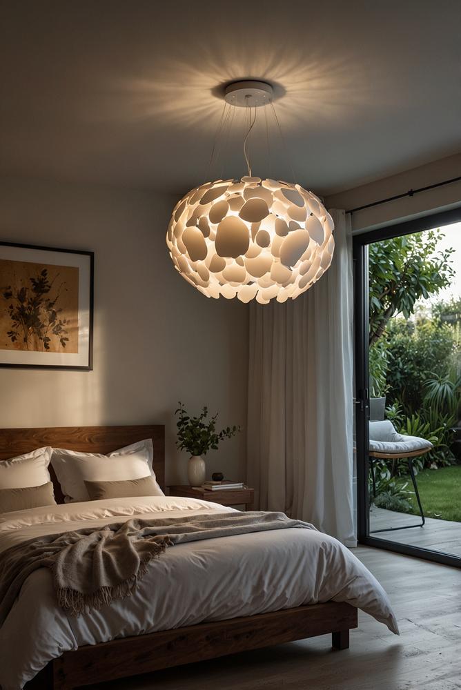 Helles Schlafzimmer mit dimmbarer Deckenlampe und Sonnenlicht