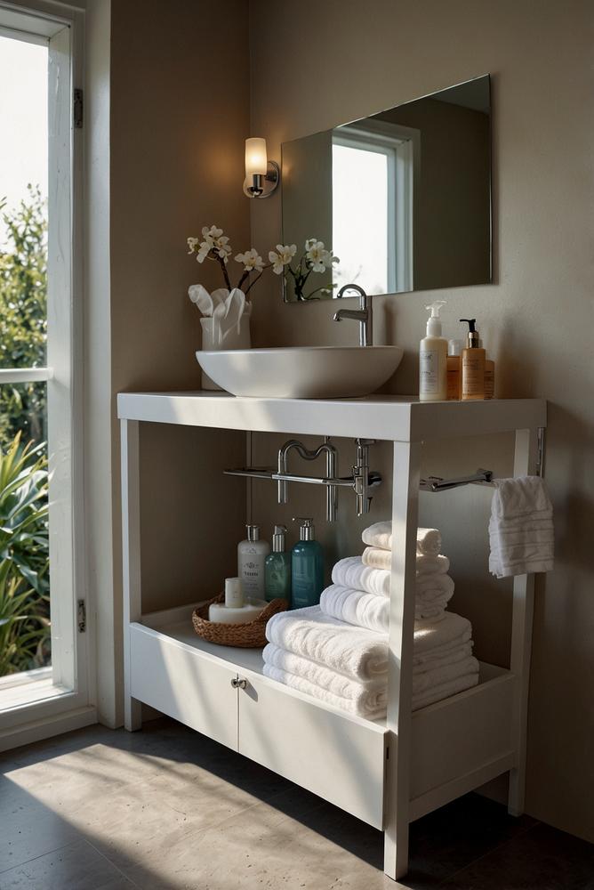 Helles Badezimmer mit Eckkarussell im Unterschrank