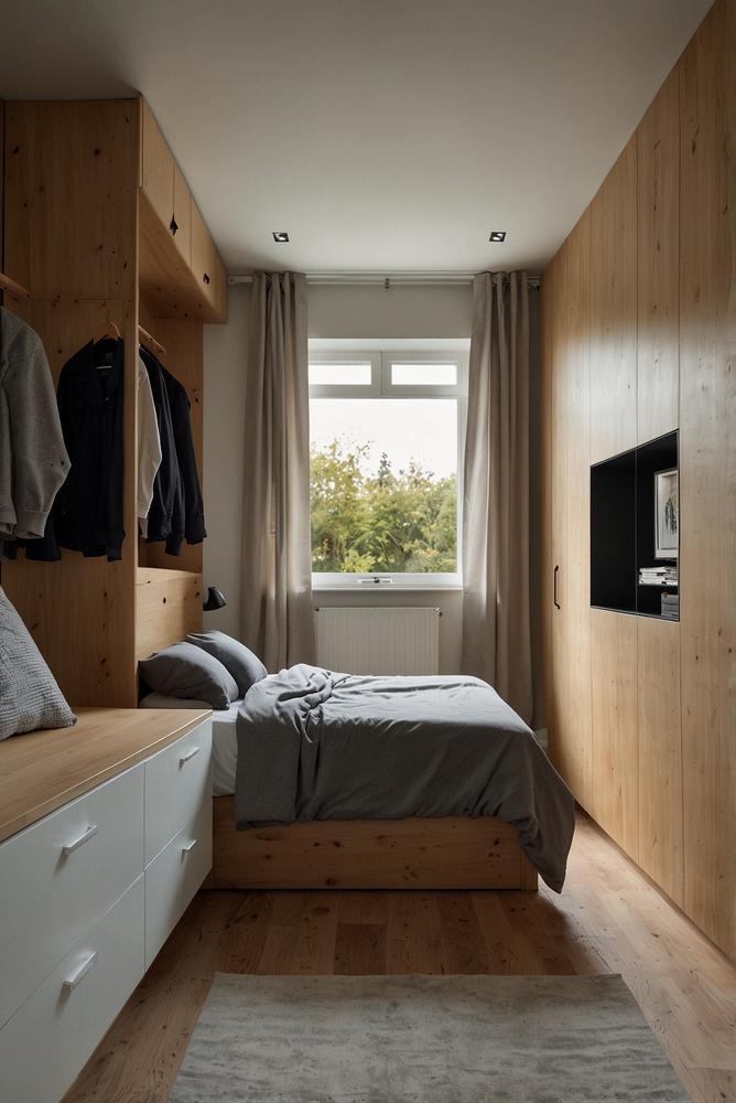 Helles kleines Schlafzimmer mit maßgefertigtem Einbauschrank