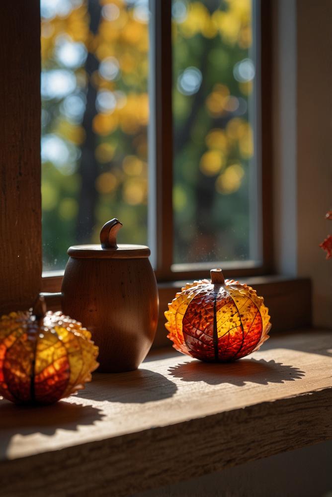 Helle Fensterbank mit Kastanienmännchen und Herbstblättern