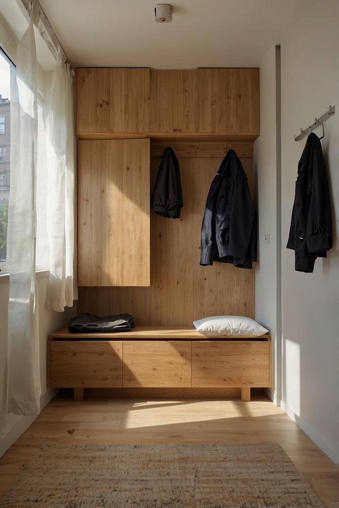 Heller moderner Flur mit Garderobe und Sitzbank