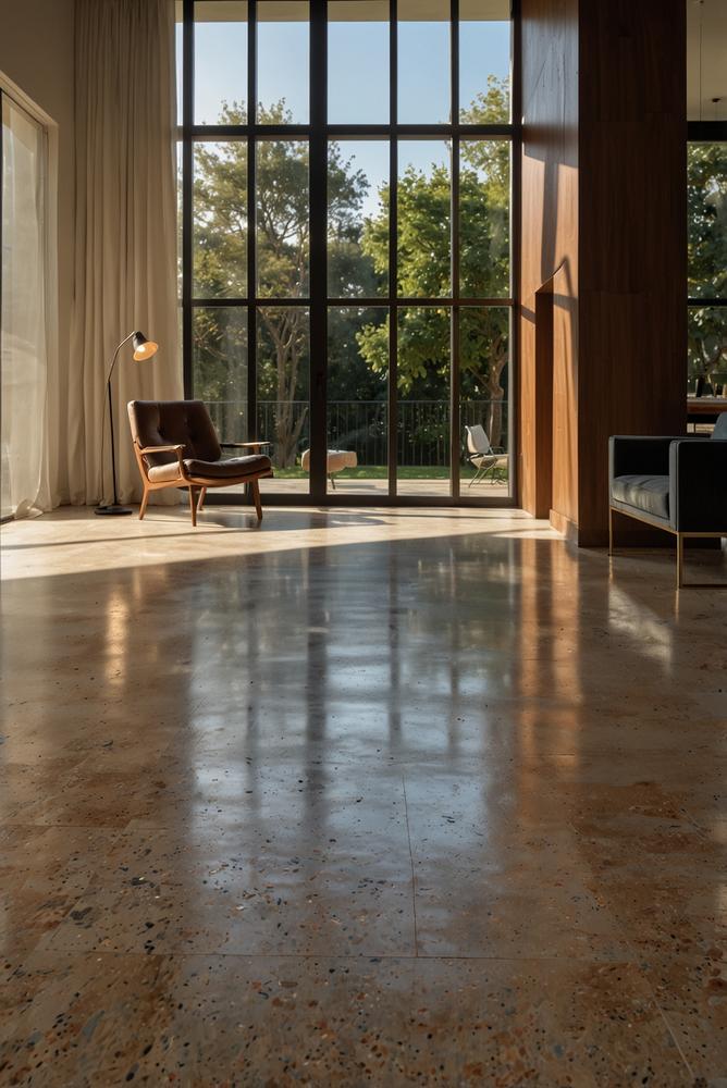 Heller Raum mit Terrazzo- und Holz-Statement-Boden