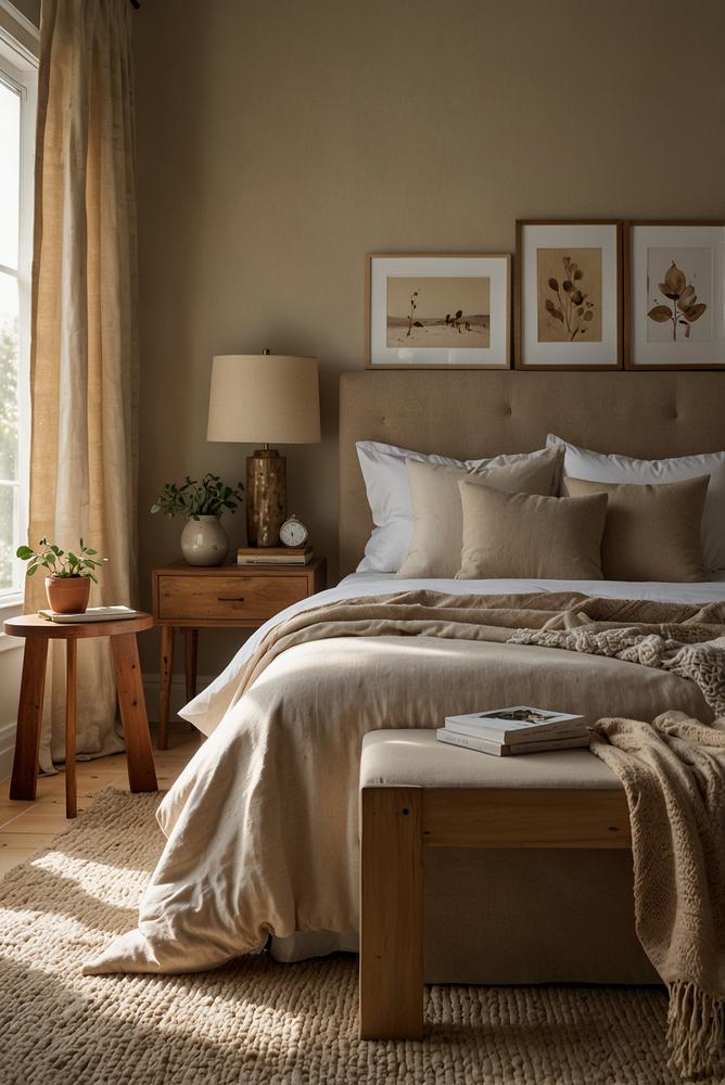 Helles Schlafzimmer mit sandbeigen Leinen und Sisalteppich