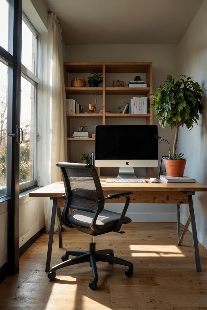 Ergonomischer heller Home Office Arbeitsplatz mit Schreibtisch
