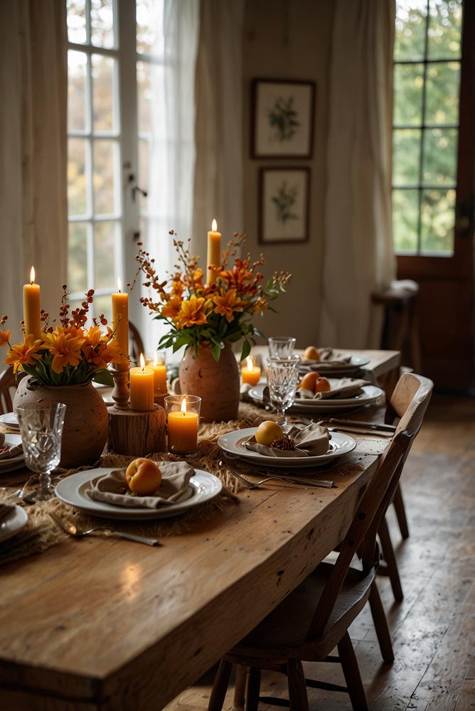 Essbereich mit Leinenläufern und Holzaccessoires im Herbst