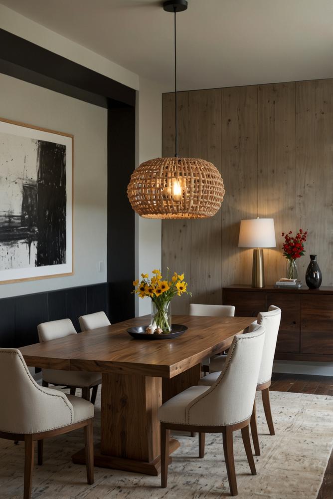 Modernes Esszimmer mit massivem Holztisch und Statement-Leuchte