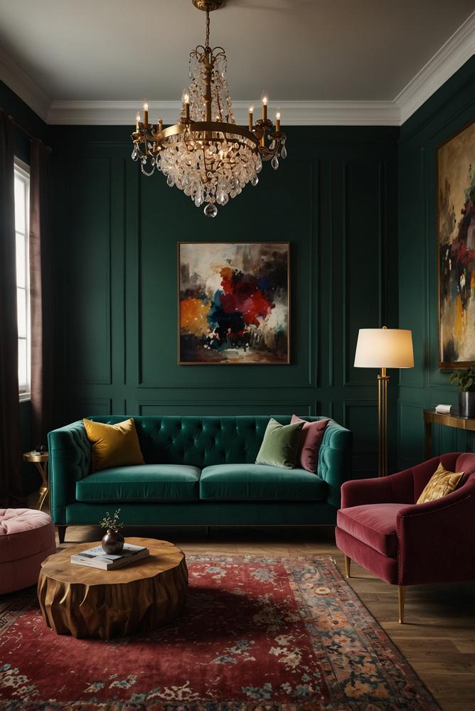 Wohnzimmer mit farbigem Samtsofa, hell und einladend