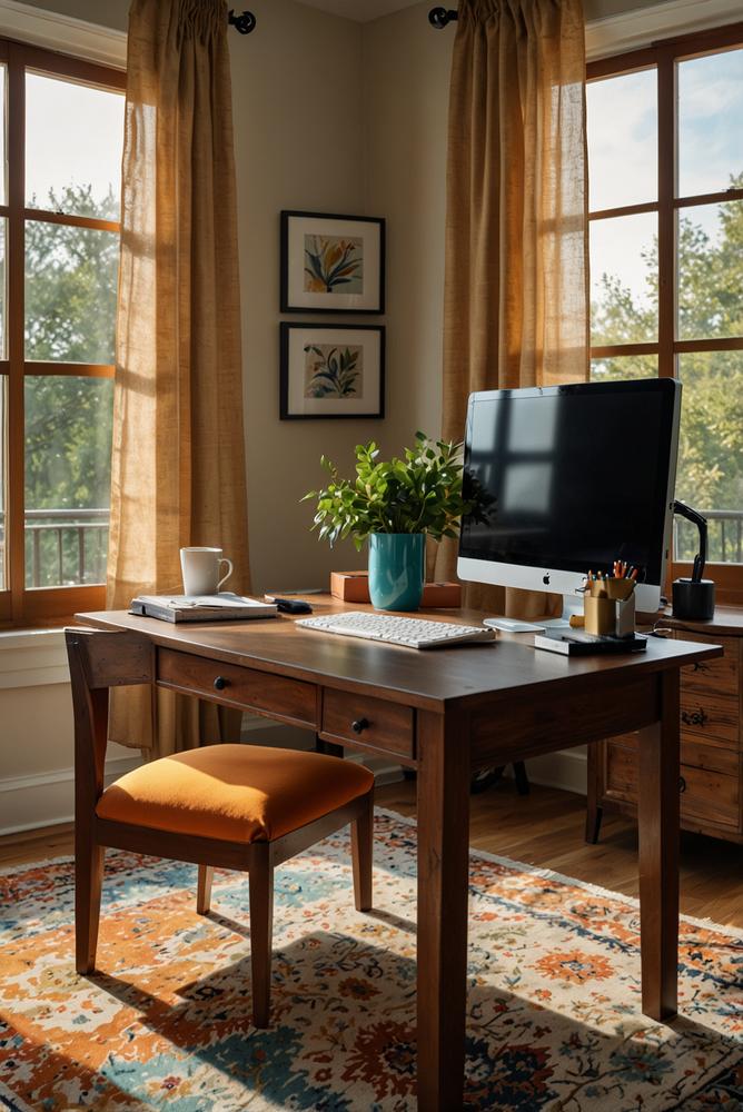 Helles Home-Office mit farbigen Vorhängen und Teppich