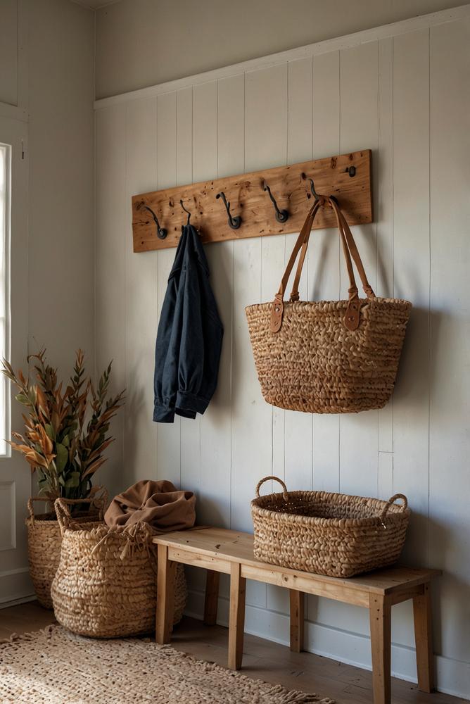 Helle Holzgarderobe mit klaren Haken und Korbaufbewahrung im Farmhouse-Stil