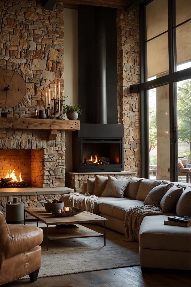 Gemütliche Kaminzone mit rustikalem Kaminsims und Sofa im Farmhouse-Stil
