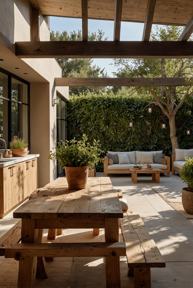 helle farmhouse terrasse mit outdoor esstisch und kuecheninsel