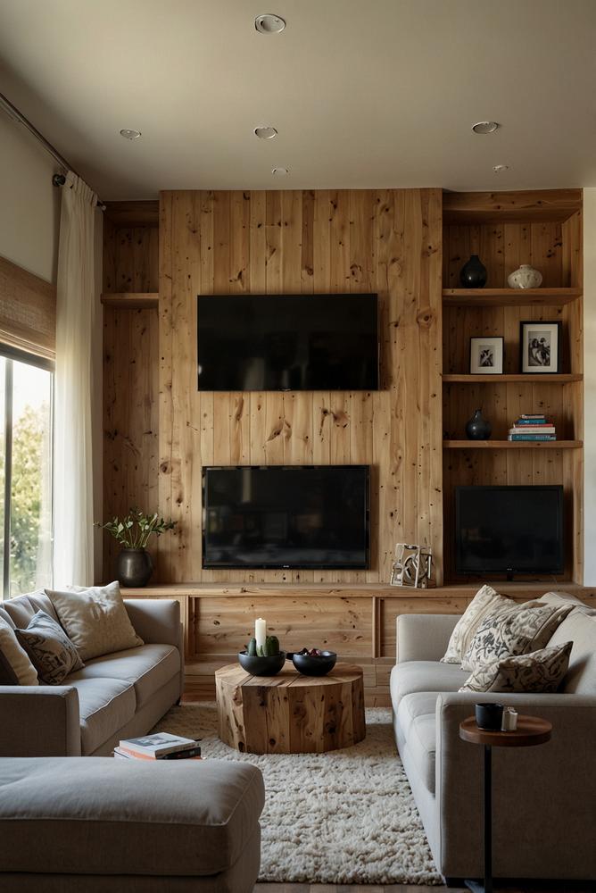 Farmhouse TV-Wand mit Holzverkleidung und minimalistischen Regalen