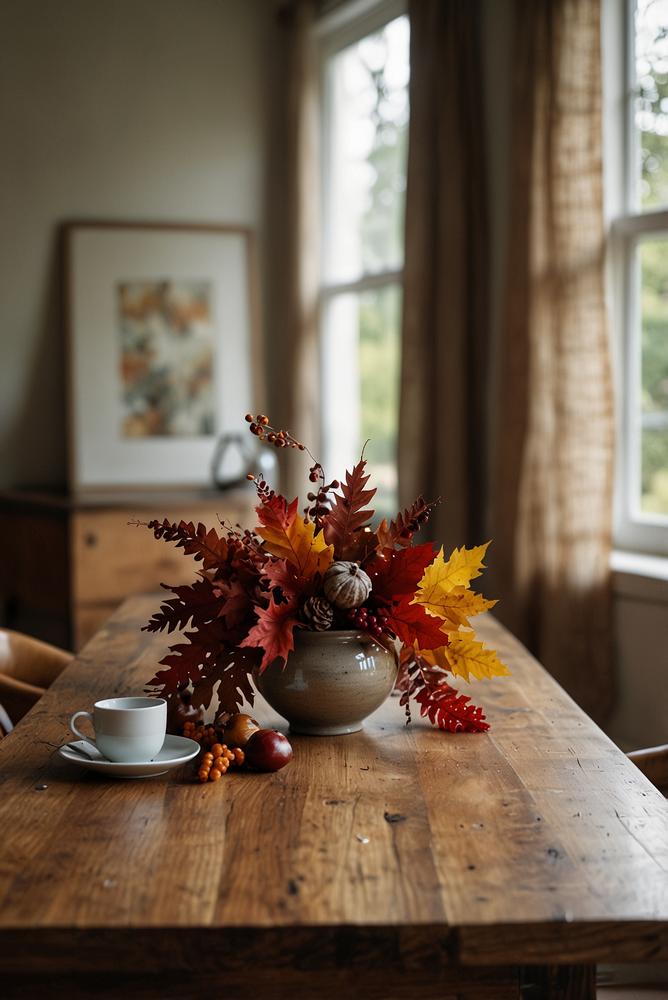Helle Fensterbank-Deko mit Kastanien und herbstlichen Blättern