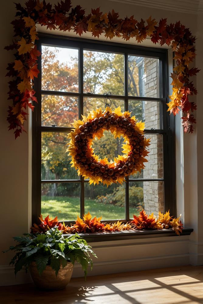 Fensterbank-Kranz mit Kastanien und bunten Herbstblättern lichtdurchflutet