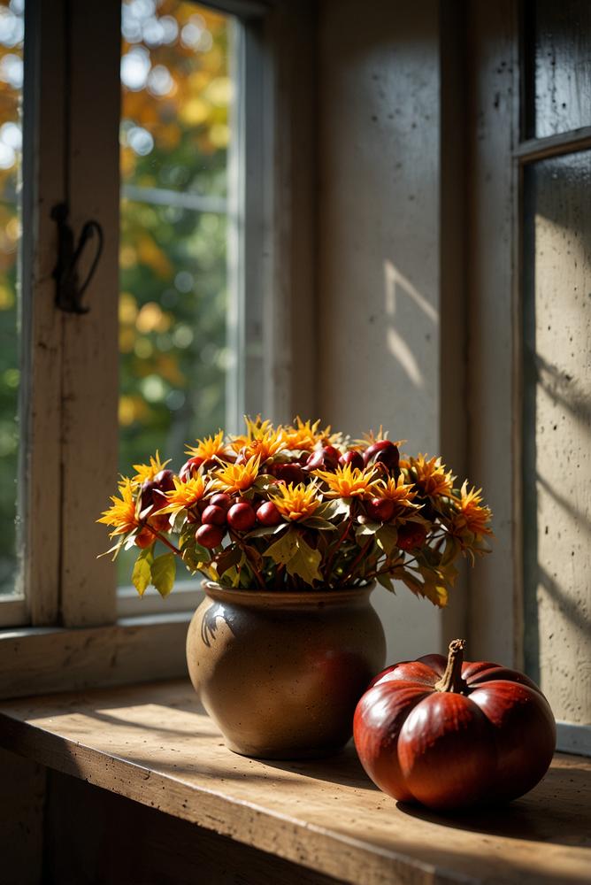 Fensterbankdeko mit Kastanien und bunten Herbstblättern
