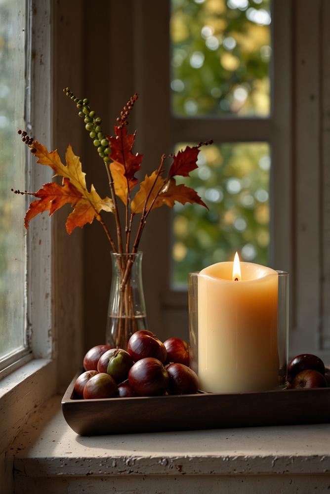 Herbstliche Fensterbank mit Kastanien, Eichenblättern und Kerzen
