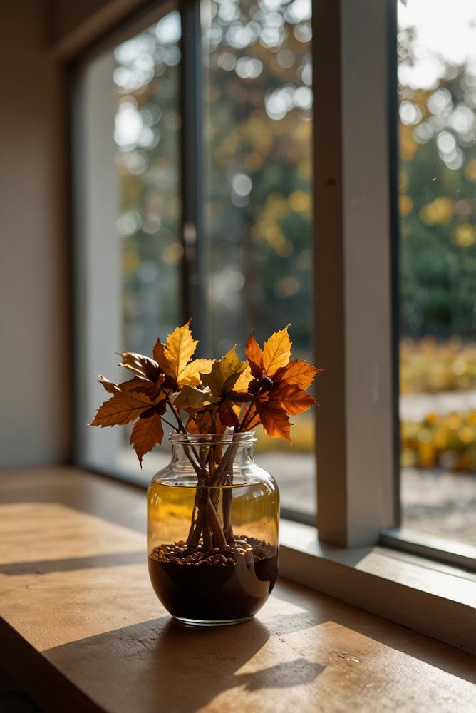 Fensterbankdekoration mit Kastanien und Herbstblättern