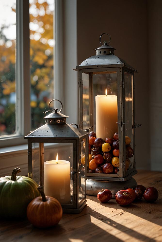 Fensterbank mit Kastanien, Blattstreu und Windlichtern im Herbst