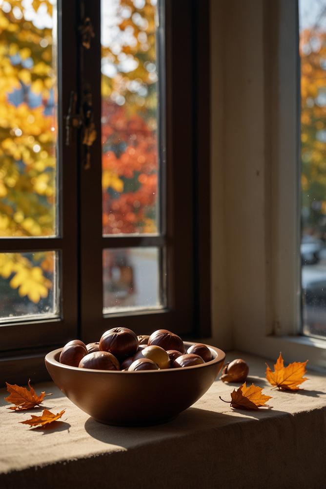 Fensterbank mit Kastanien und herbstlicher Blattdeko