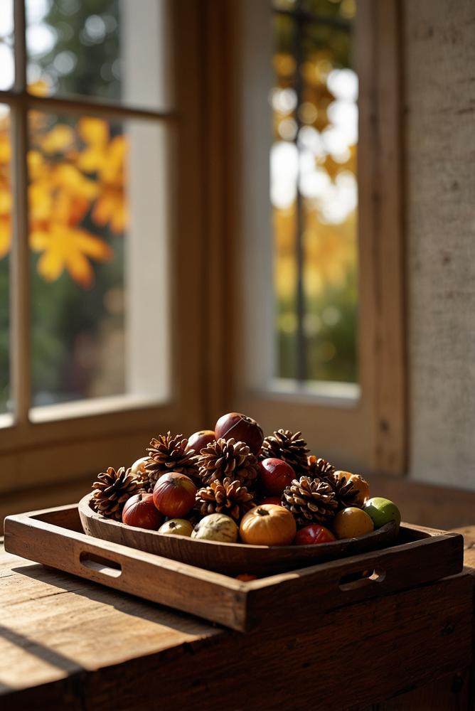Fensterbank mit Holztablett Kastanien und bunten Herbstblättern