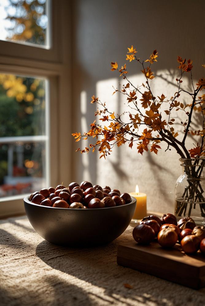 Fensterbank-Deko mit Kastanien und Lichterkette im Herbst