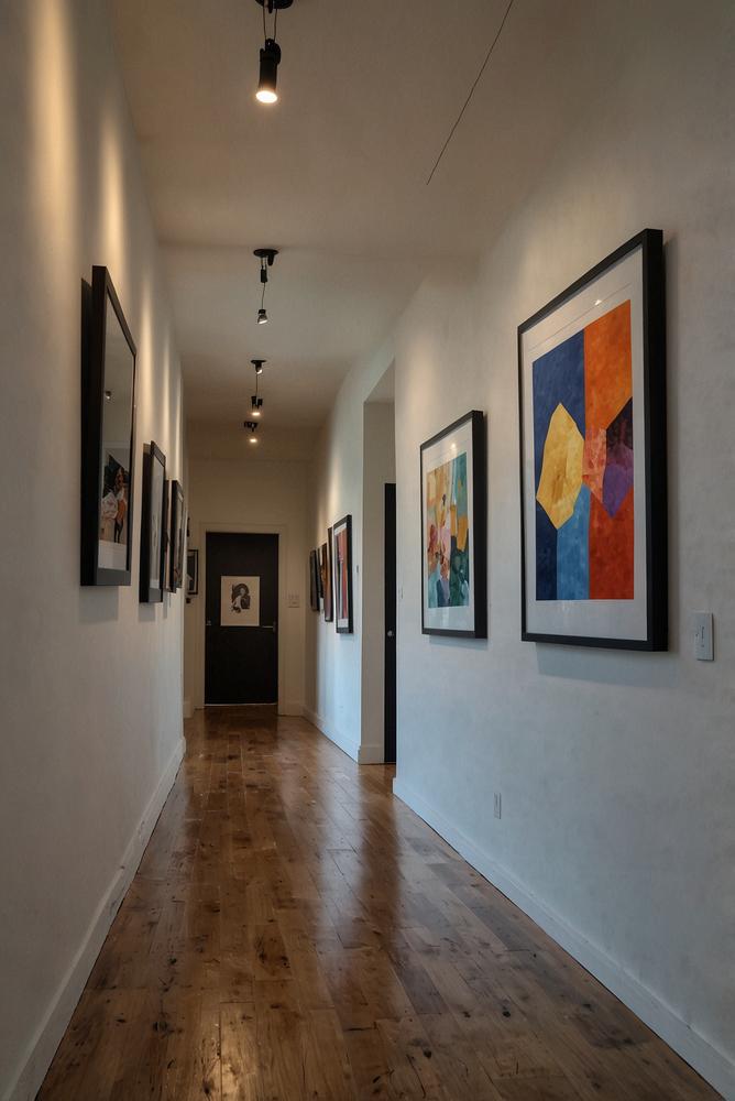 Heller, einladender Flur mit Bilderwand und Kunst