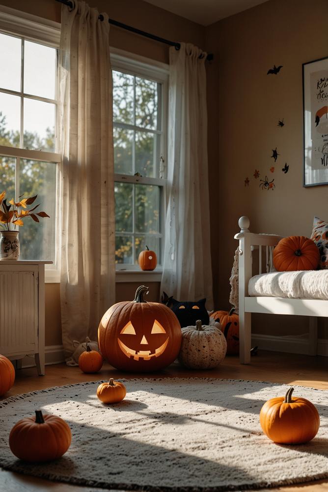 Helles Kinderzimmer mit fröhlichem Halloween-Spielteppich