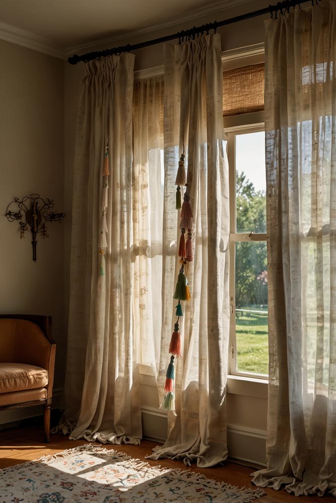 Helles Wohnzimmer mit Gardinen und verspielten Quasten