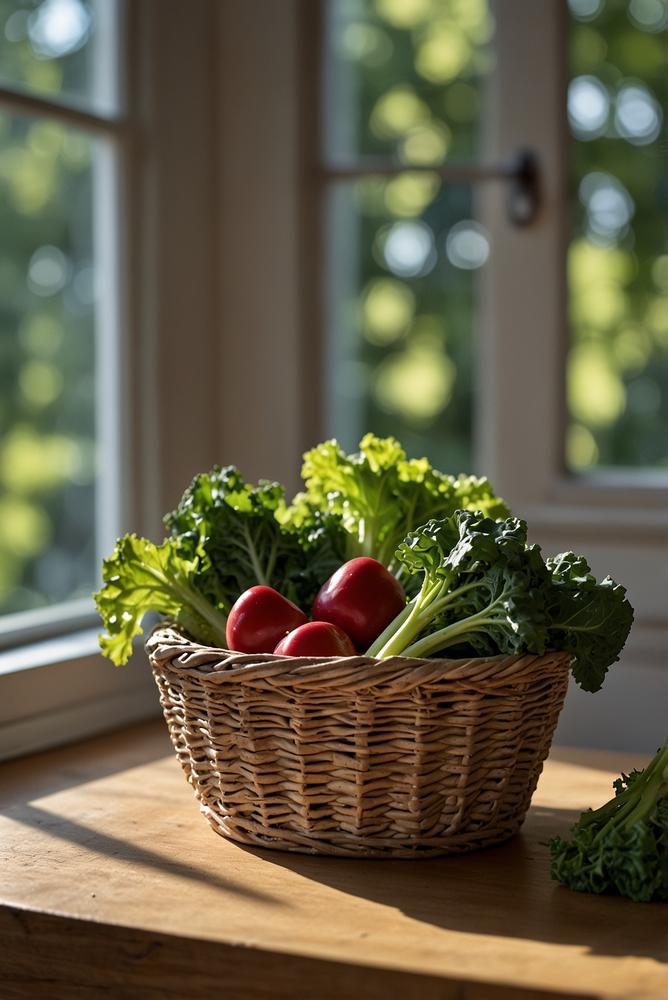 Herbstliche Gemüseernte mit Grünkohl und Spinat in moderner Kuche