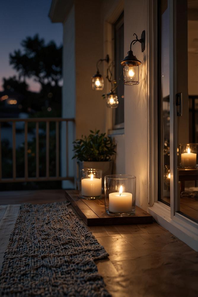 Balkon mit Lichterketten und Kerzen in gemütlicher Beleuchtung