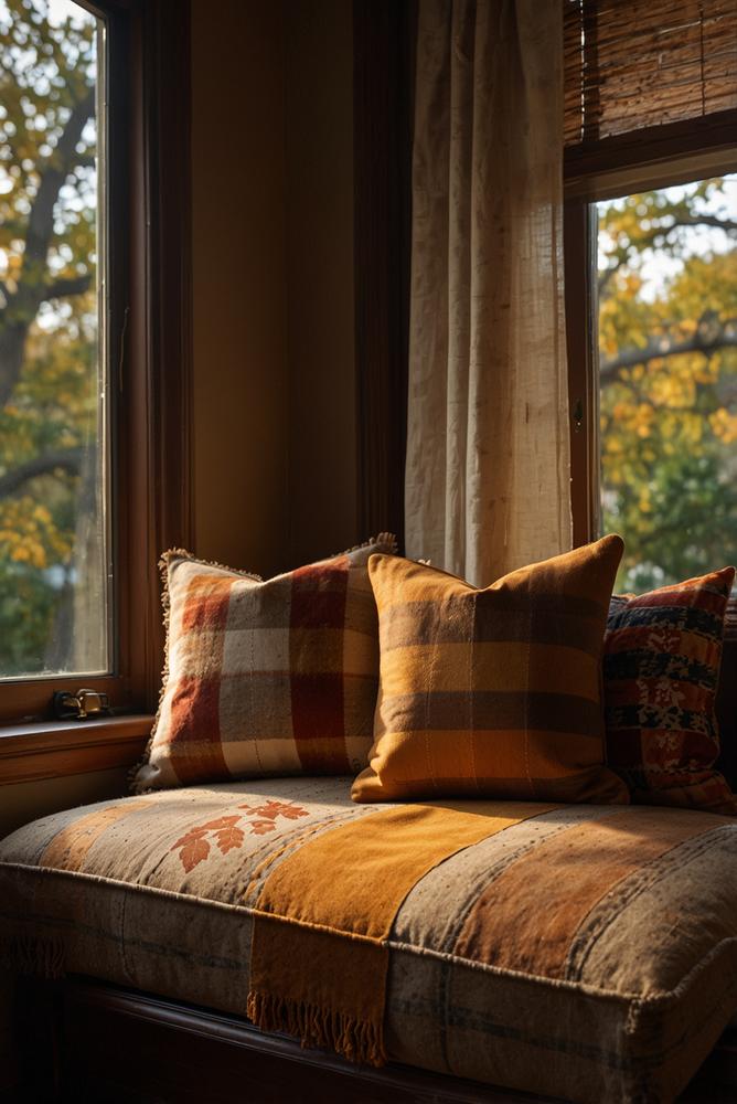 Fensterbank mit herbstlichen Kissen in warmen Farben
