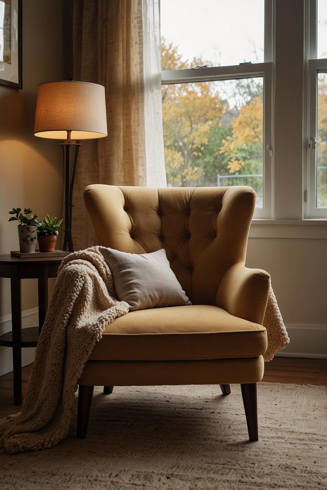 Helle Leseecke mit Cordsessel und Kuscheldecke im Herbst