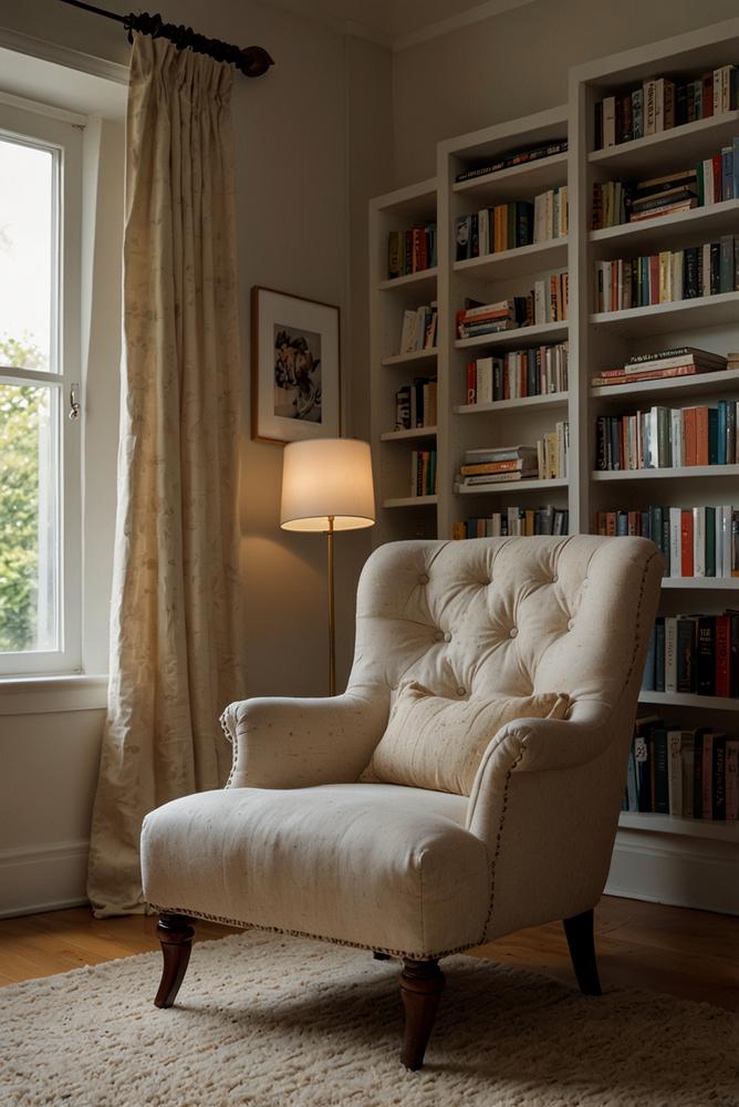 Helle gemütliche Leseecke mit Sessel und Regal im Wohnzimmer