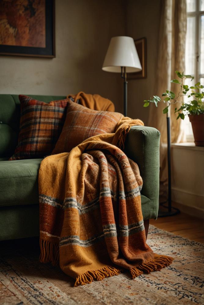 Gemütliche Wollplaids in herbstlichen Farben auf Sofa