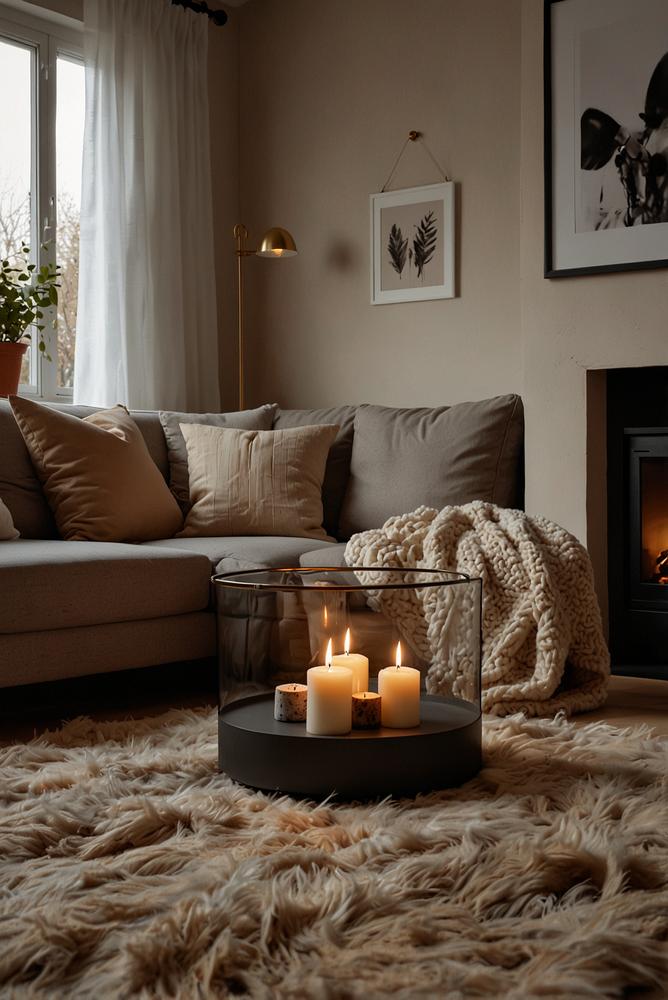 Hygge Wohnzimmer mit Ecksofa und Kamin hell und einladend