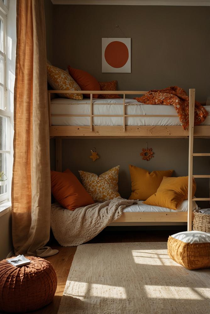 Gemütliches Kinderzimmer in warmen Herbstfarben mit Baumwollstoffen