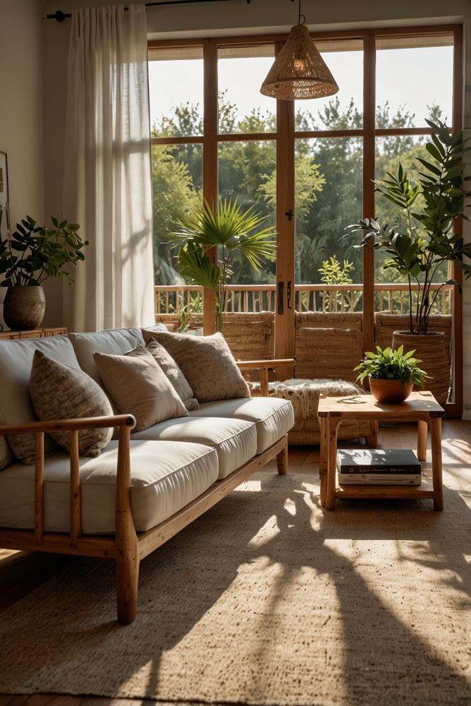 Helles outdoor-inspiriertes Wohnzimmer mit Naturmaterialien