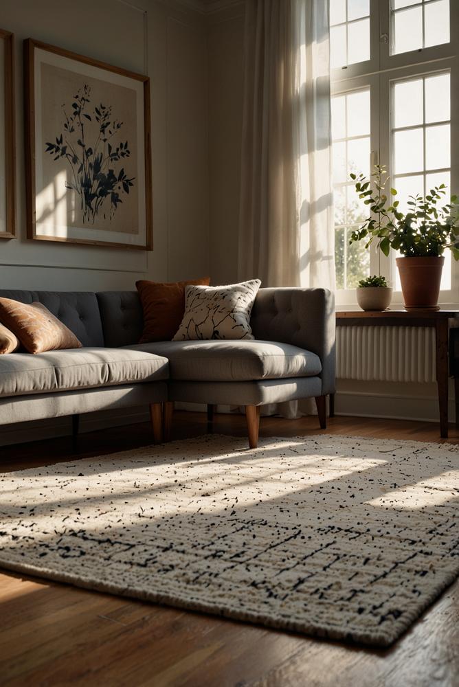 Heller Raum mit gemustertem Teppich und moderner Einrichtung