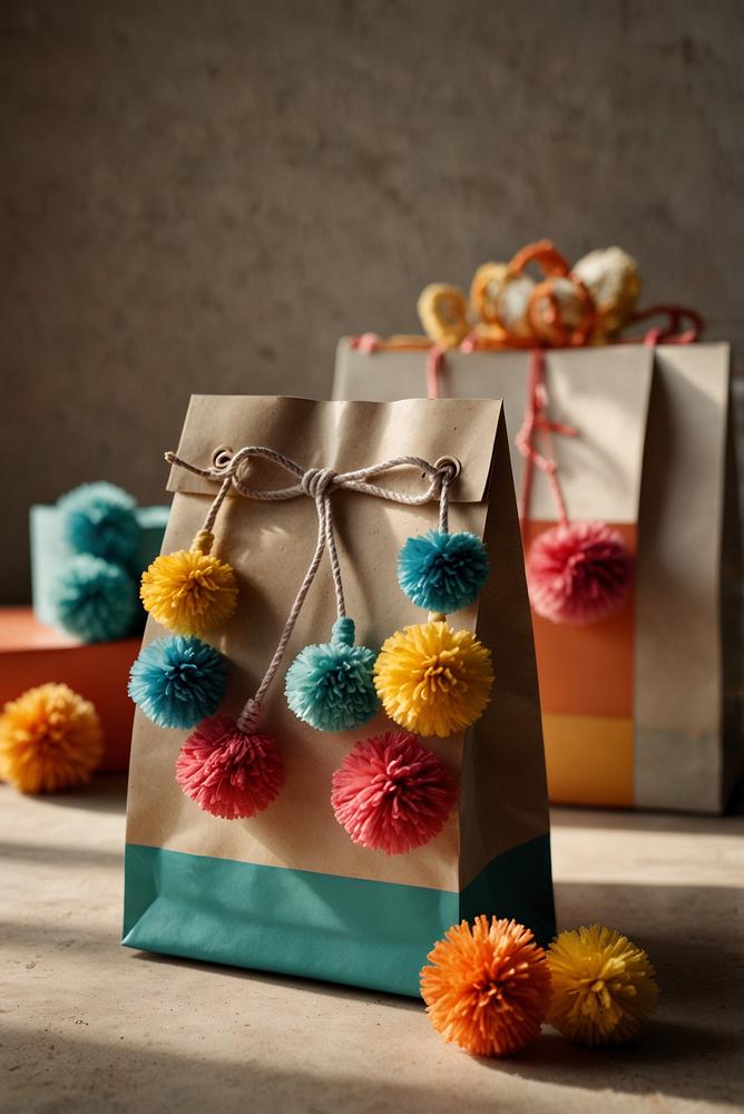 Geschenkverpackungen mit bunten Pom-Pom- und Quasten-Dekoren