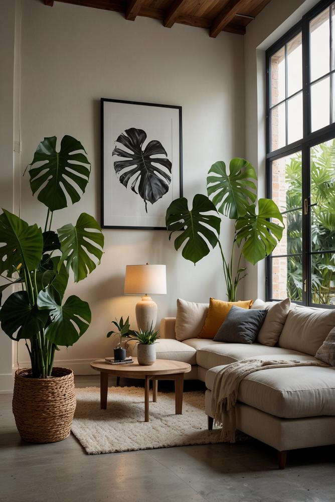 große zimmerpflanzen neben sofa in hellem wohnzimmer