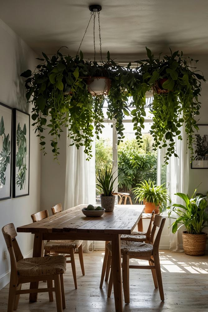 Hängende grüne Pflanzen über dem Esstisch in modernem Raum