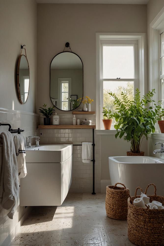 Helles Badezimmer mit Haengeregalen ueber dem WC