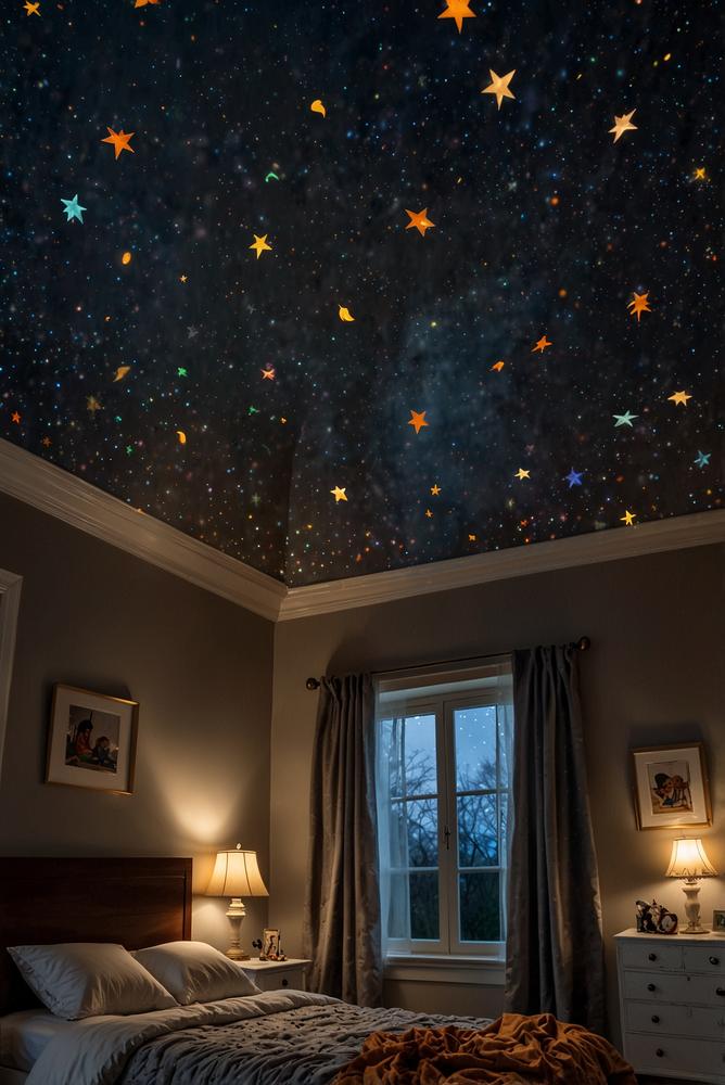 Kinderzimmer mit leuchtenden Glow-in-the-dark Sternen an der Decke