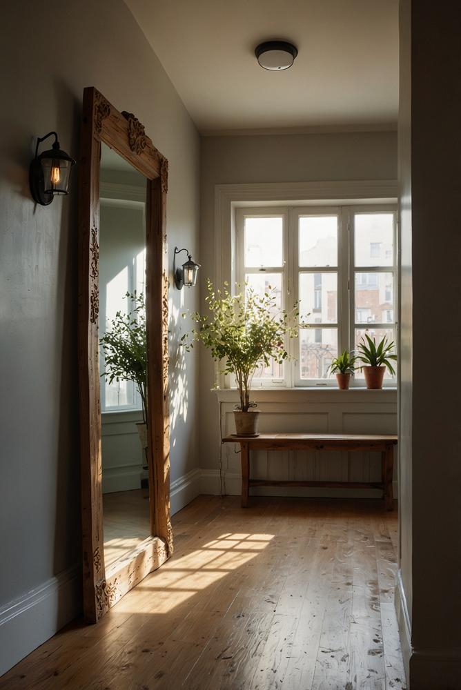 Handgefertigter Spiegel und Garderobe im hellen Flur