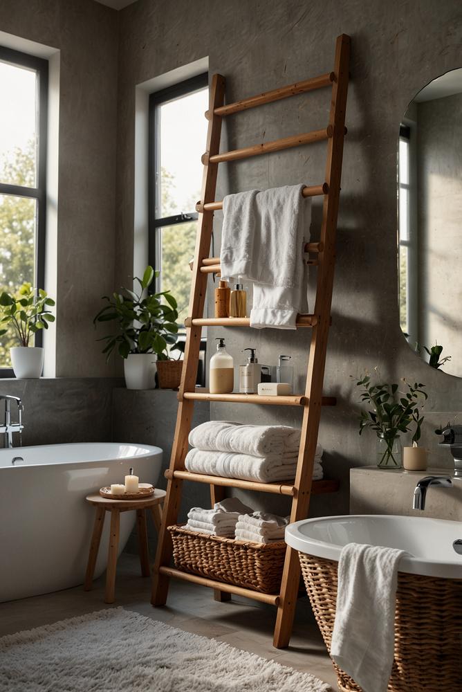 Handtuchleiter mit Ablagekörben im Bad hell und modern