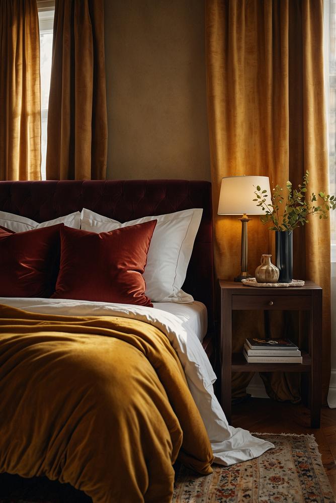 Gemütliches Herbstschlafzimmer mit samtigen Vorhängen